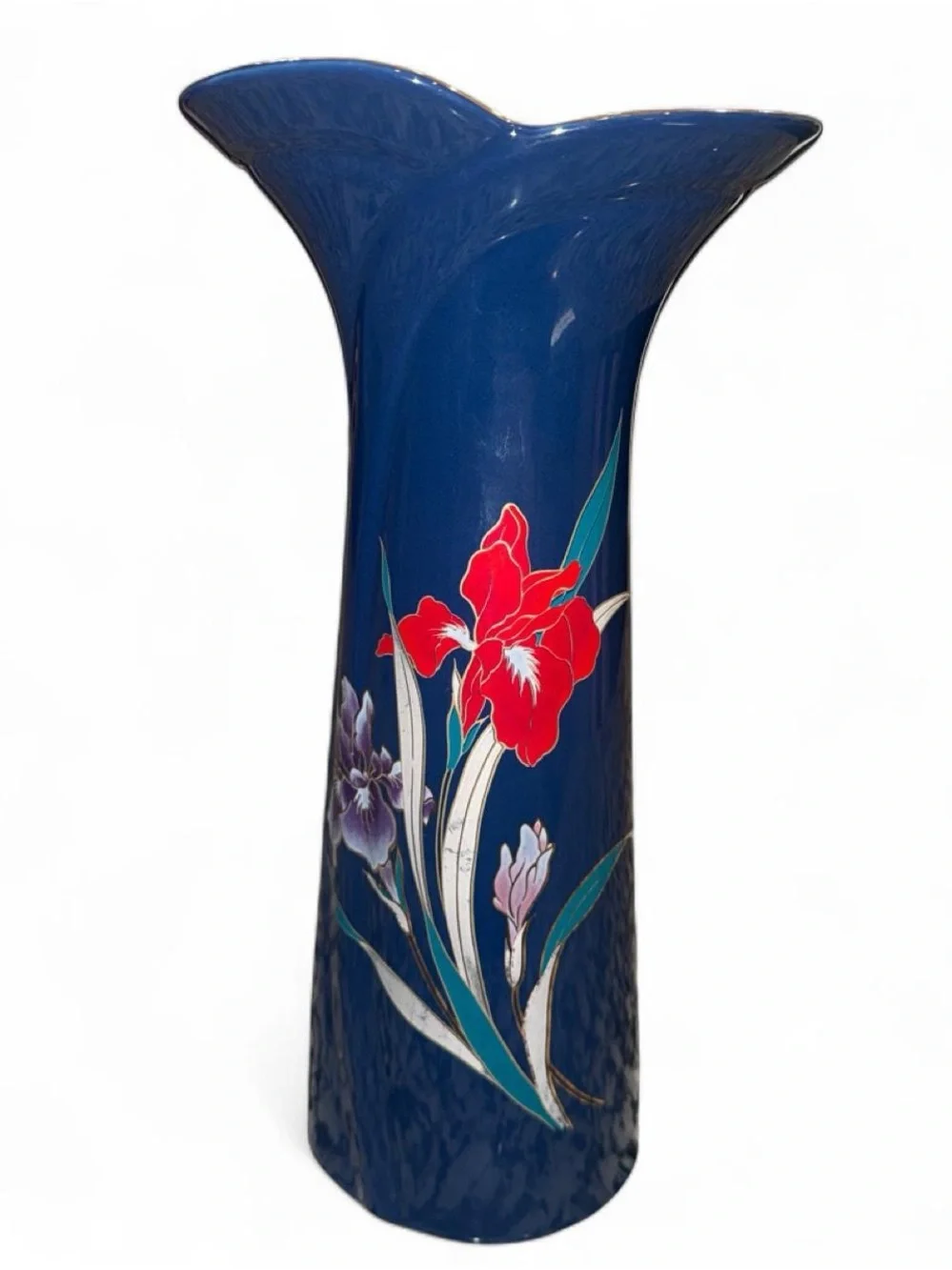 Japanese Hand-Painted Blue Ceramic Vase with Red Floral Accent
